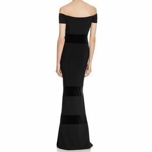 Elegant Off-the-shoulder Black Dress with Velvet Stripe details Gown